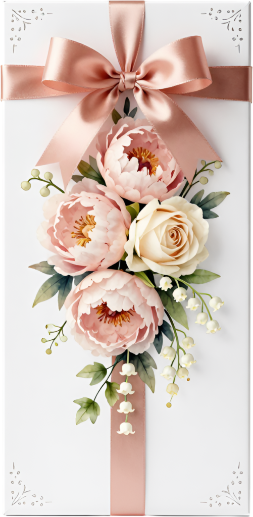 Floral Gift Box showcasing a pretty pink ribbon, blush peonies, white rose, lily of valley PNG illustration decor