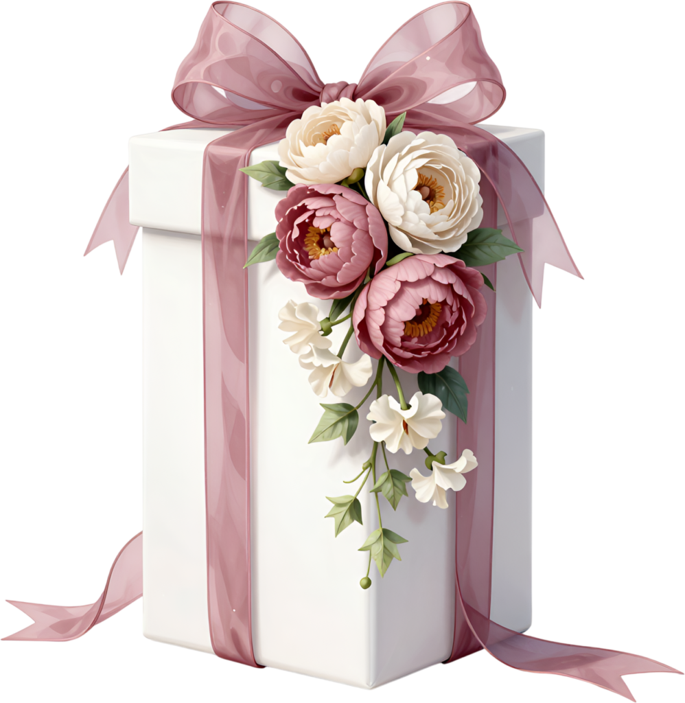 Elevated Gift Box wrapped with a graceful sheer pink ribbon, vibrant peonies, white sweet peas PNG illustration