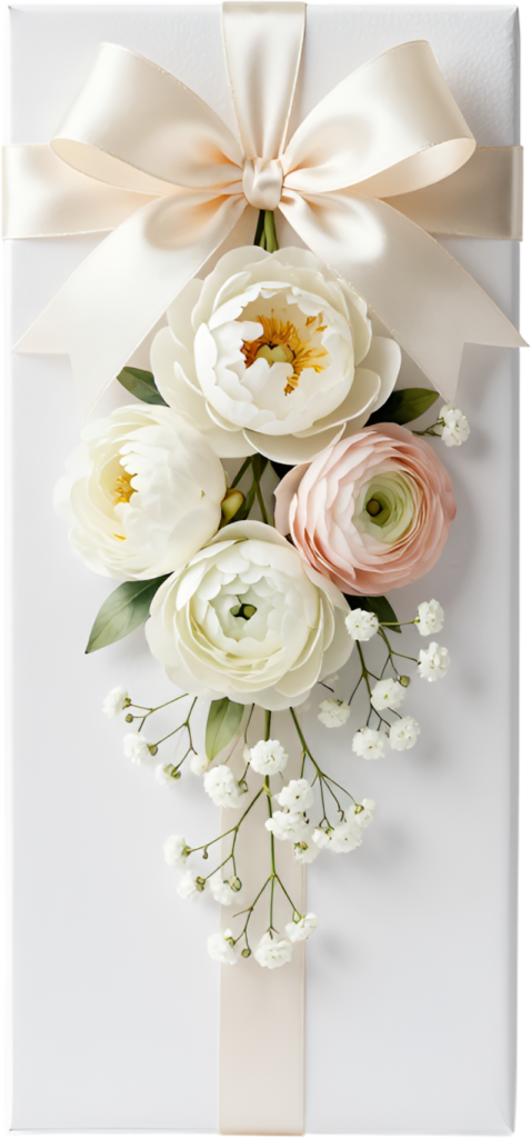 Minimalist Gift Box featuring a subtle cream ribbon, elegant ranunculus, delicate baby’s breath, clean PNG illustration