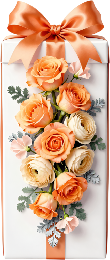 Vibrant Gift Box showcasing a bright orange ribbon, lush orange roses, cream ranunculus, lively PNG illustration art