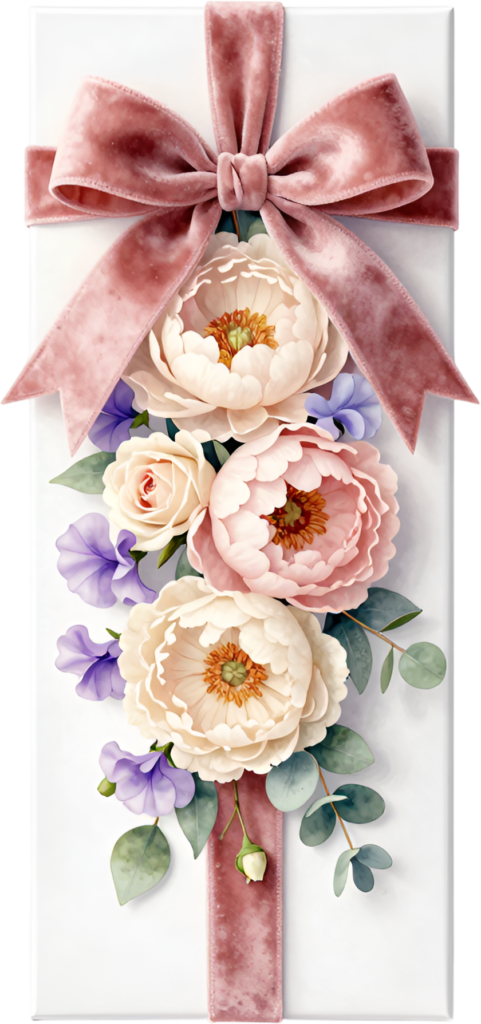 Regal Gift Box adorned with a rich pink velvet ribbon, blooming peonies, purple sweet peas, luxurious PNG illustration