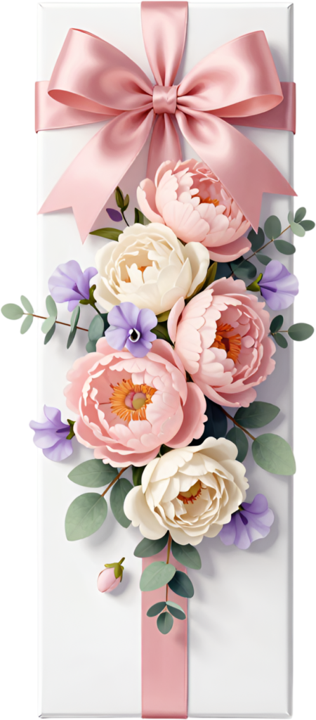 Whimsical Gift Box featuring a charming pink ribbon, delightful peonies, purple pansies, playful PNG illustration design