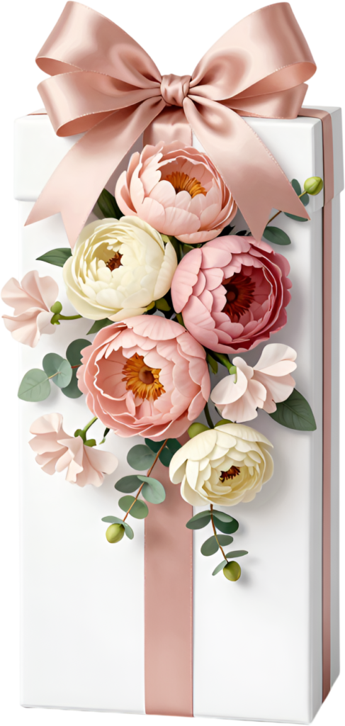 Stacked Gift Box with an elegant pink ribbon, gorgeous peonies, sweet peas, versatile PNG illustration design