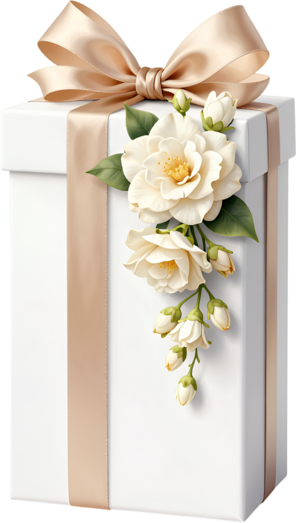 Classic Gift Box featuring a refined cream ribbon, exquisite white camellias, timeless wedding PNG illustration design