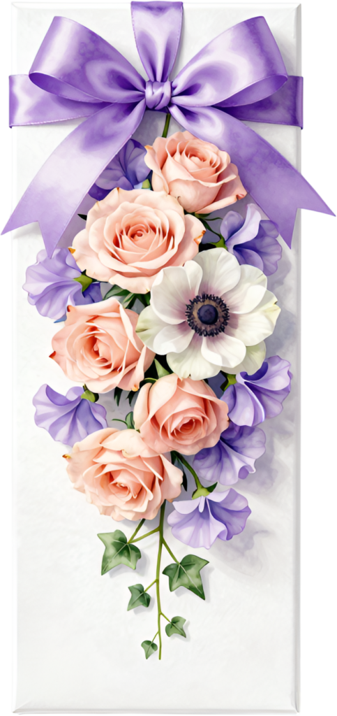 Enchanting Gift Box tied with a majestic purple ribbon, beautiful roses, anemone, sweet peas, lovely PNG illustration