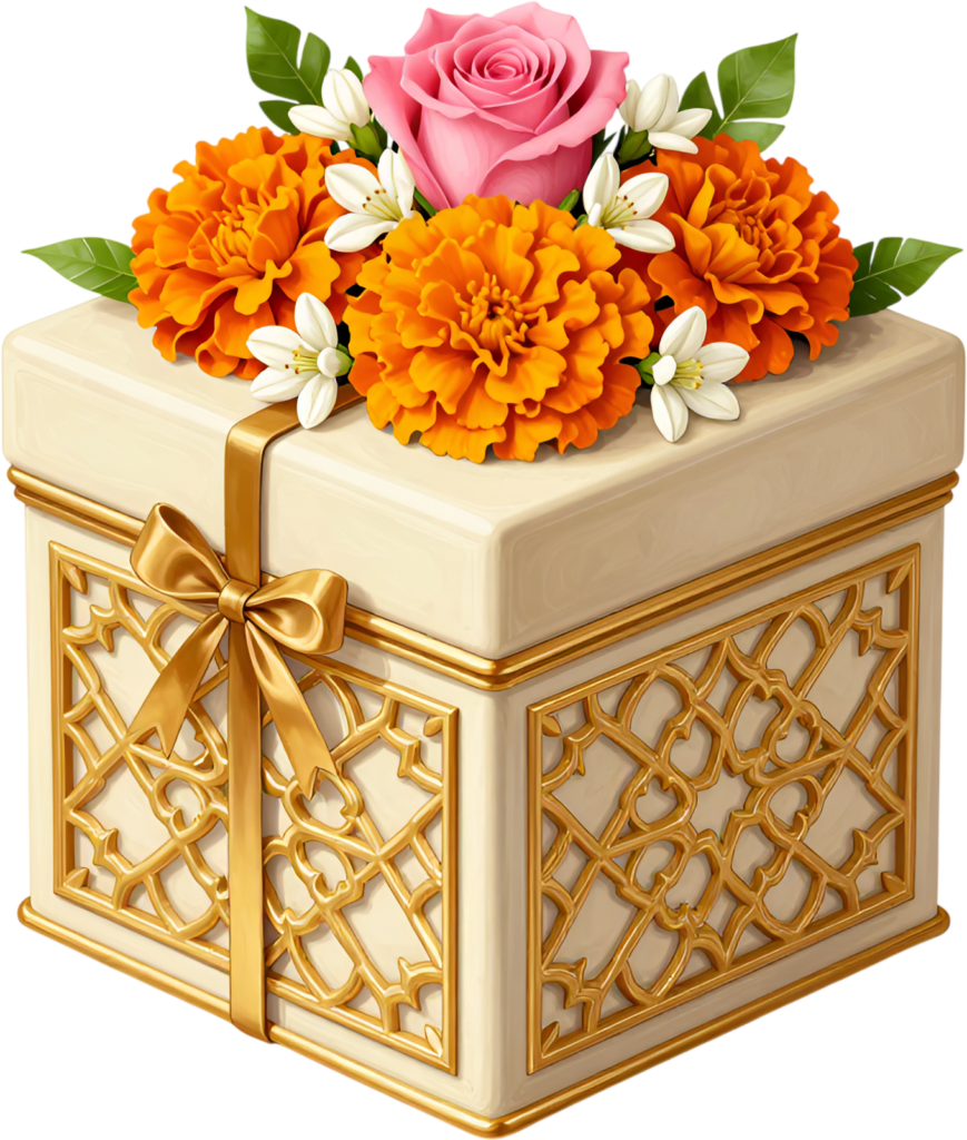 Golden Gift Box with intricate gold patterns, vibrant marigolds, pink rose, festive celebration PNG illustration