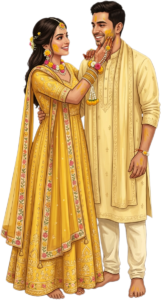 Indian Wedding Haldi Couple Caricature Illustration PNG