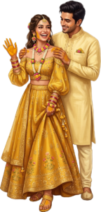 Cheerful Waving Indian Couple Haldi Illustration and Caricature PNG