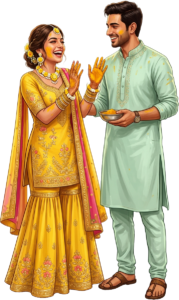 Standing Indian Couple Haldi Illustration Caricature PNG with Turmeric