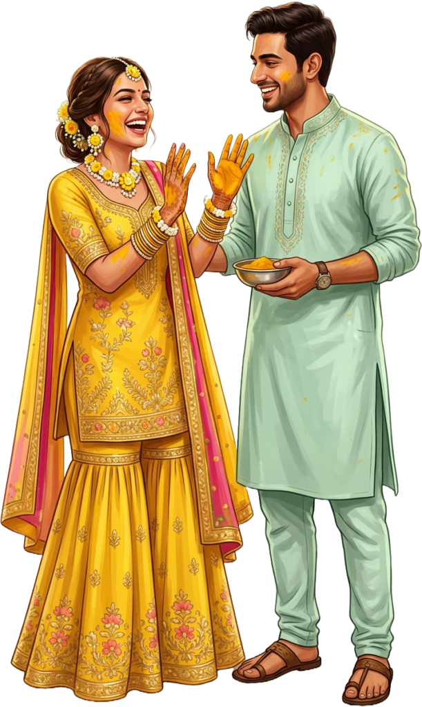 - Standing Indian Couple Haldi Illustration Caricature PNG with Turmeric Free PNG Download