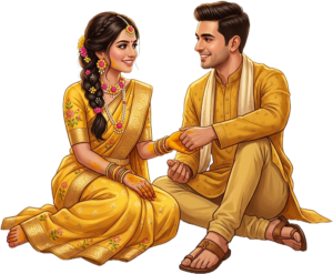 Traditional Sitting Haldi Ceremony Couple Illustration Caricature PNG