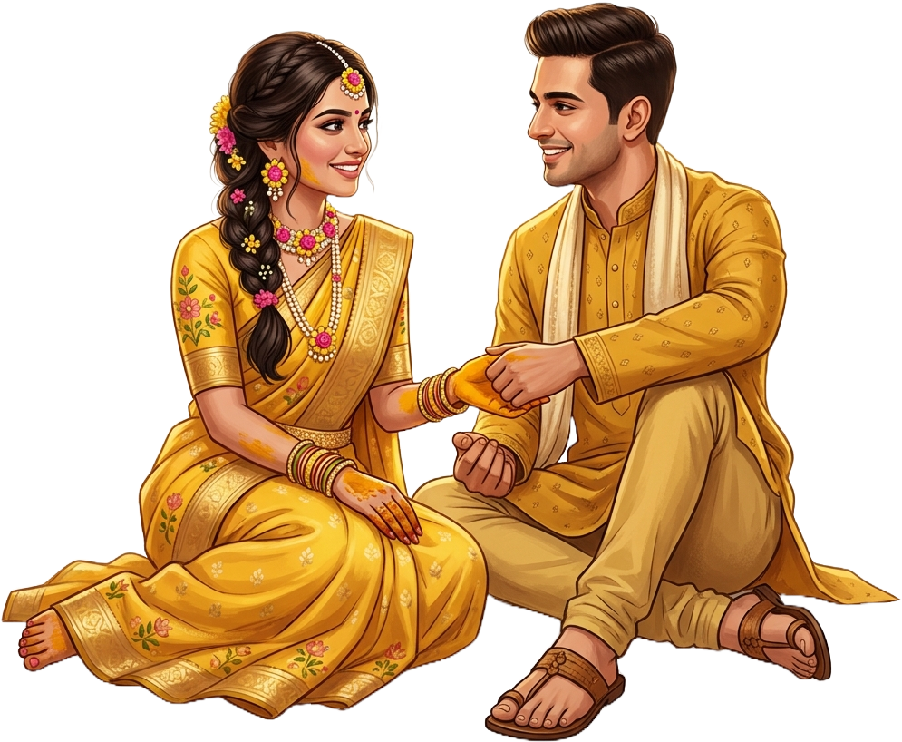 - Traditional Sitting Haldi Ceremony Couple Illustration Caricature PNG Free PNG Download