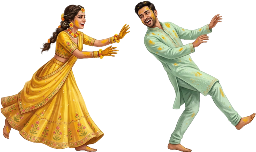 - Fun Playful Running Indian Wedding Couple Haldi Illustration Caricature PNG Free PNG Download