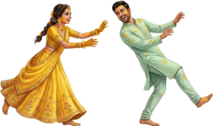 Fun Playful Running Indian Wedding Couple Haldi Illustration Caricature PNG