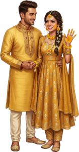Smiling Indian Wedding Couple Haldi Illustration Caricature PNG