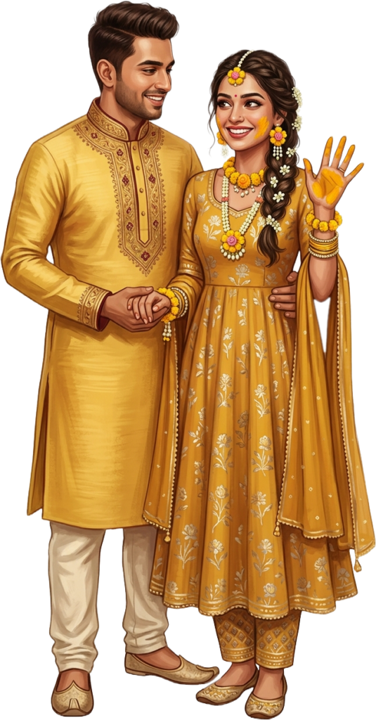 Smiling Indian Wedding Couple Haldi Illustration Caricature PNG 1 - Smiling Indian Wedding Couple Haldi Illustration Caricature PNG Free PNG Download