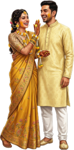 Laughing Indian Wedding Couple Illustration and Joyful Haldi Ceremony Caricature PNG