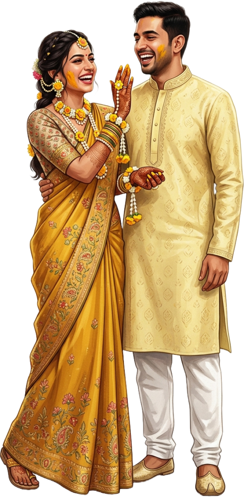 Laughing Indian Wedding Couple Illustration and Joyful Haldi Ceremony Caricature PNG 1 - Laughing Indian Wedding Couple Illustration and Joyful Haldi Ceremony Caricature PNG Free PNG Download
