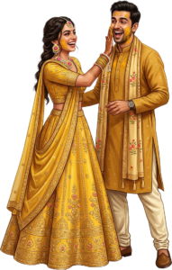 Indian Wedding Couple applying haldi Illustration Caricature PNG