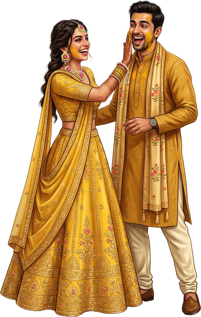 Indian Wedding Couple applying haldi Illustration Caricature PNG 1 - Indian Wedding Couple applying haldi Illustration Caricature PNG Free PNG Download