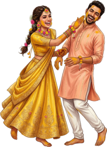 Fun Indian Wedding Couple Illustration for Haldi Event Caricature PNG