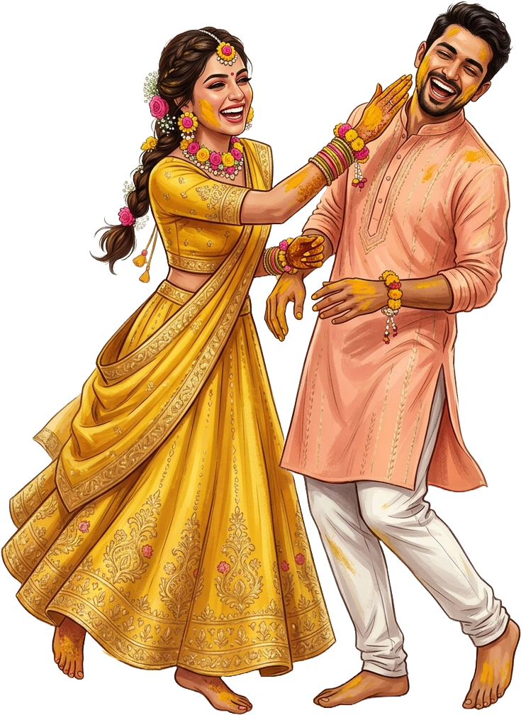 - Fun Indian Wedding Couple Illustration for Haldi Event Caricature PNG Free PNG Download