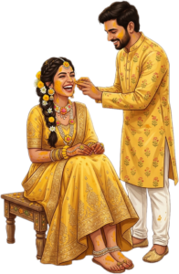 Romantic Sitting Haldi Couple Illustration and Groom-Bride Wedding Caricature PNG