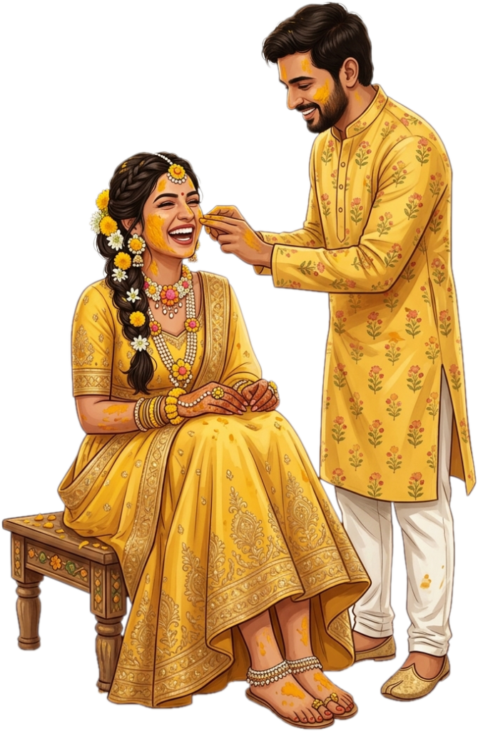 - Romantic Sitting Haldi Couple Illustration and Groom-Bride Wedding Caricature PNG Free PNG Download