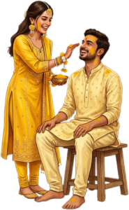 Smiling Bride Applying Haldi on Groom Face Illustration and Groom Sitting Caricature PNG