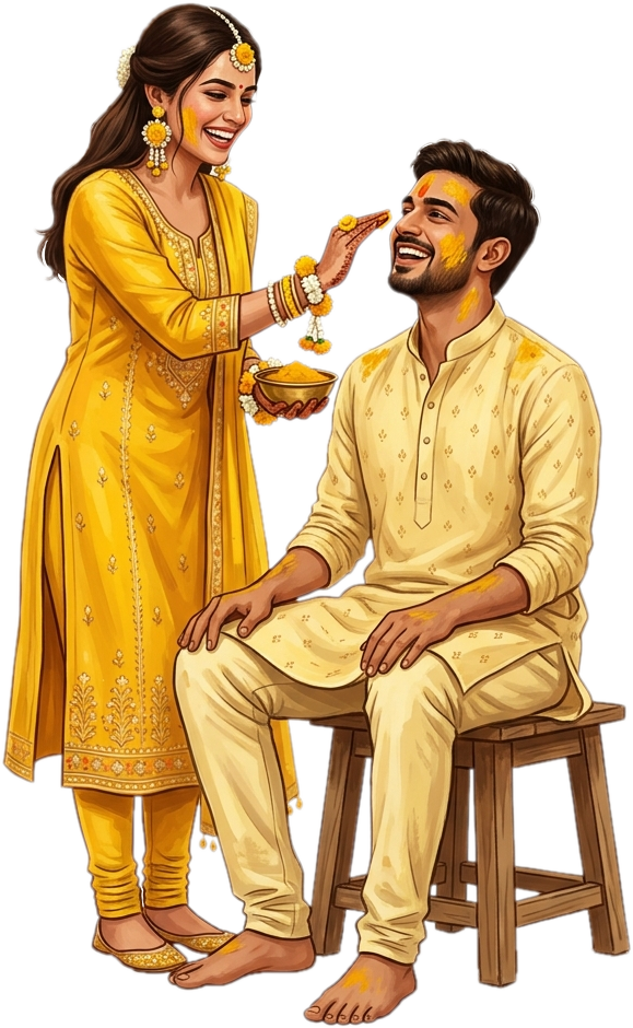 Smiling Bride Applying Haldi on Groom Face Illustration and Groom Sitting Caricature PNG 1 - Smiling Bride Applying Haldi on Groom Face Illustration and Groom Sitting Caricature PNG Free PNG Download