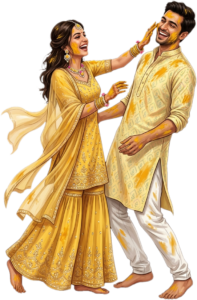 Girl applying Haldi on boy Face, Indian Haldi Caricature illustration
