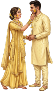 Elegant Standing Indian Wedding Couple Illustration and Haldi Caricature PNG