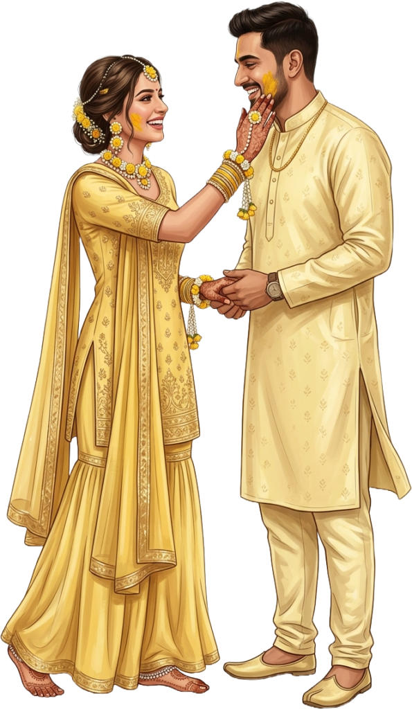 Elegant Standing Indian Wedding Couple Illustration and Haldi Caricature PNG 1 - Elegant Standing Indian Wedding Couple Illustration and Haldi Caricature PNG Free PNG Download