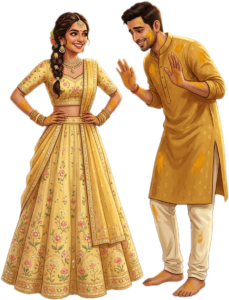 Joyful Illustration pose of Indian Wedding Couple for Haldi Ceremony