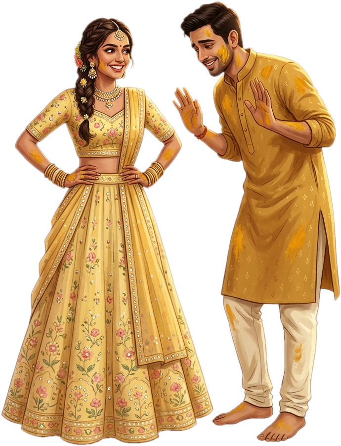 - Joyful Illustration pose of Indian Wedding Couple for Haldi Ceremony Free PNG Download