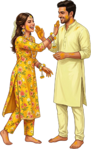 Joyful Indian Wedding Couple Illustration for Haldi Ceremony Caricature PNG