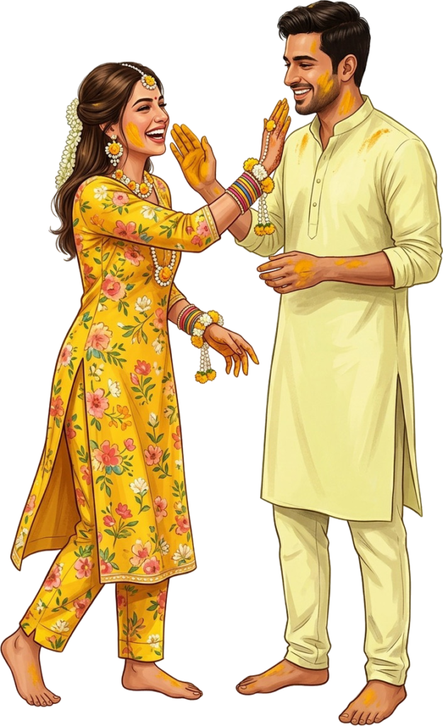 - Joyful Indian Wedding Couple Illustration for Haldi Ceremony Caricature PNG Free PNG Download