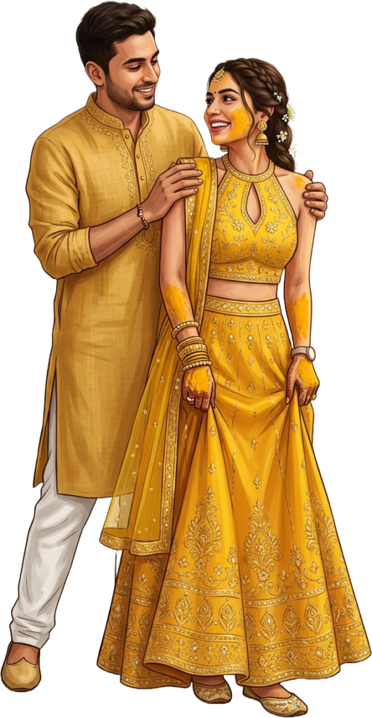Romantic Haldi Couple Illustration Traditional Wedding Caricature PNG 1 - Romantic Haldi Couple Illustration Traditional Wedding Caricature PNG Free PNG Download