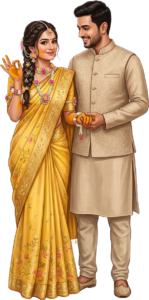Smiling Indian Wedding Couple Haldi Illustration Caricature PNG