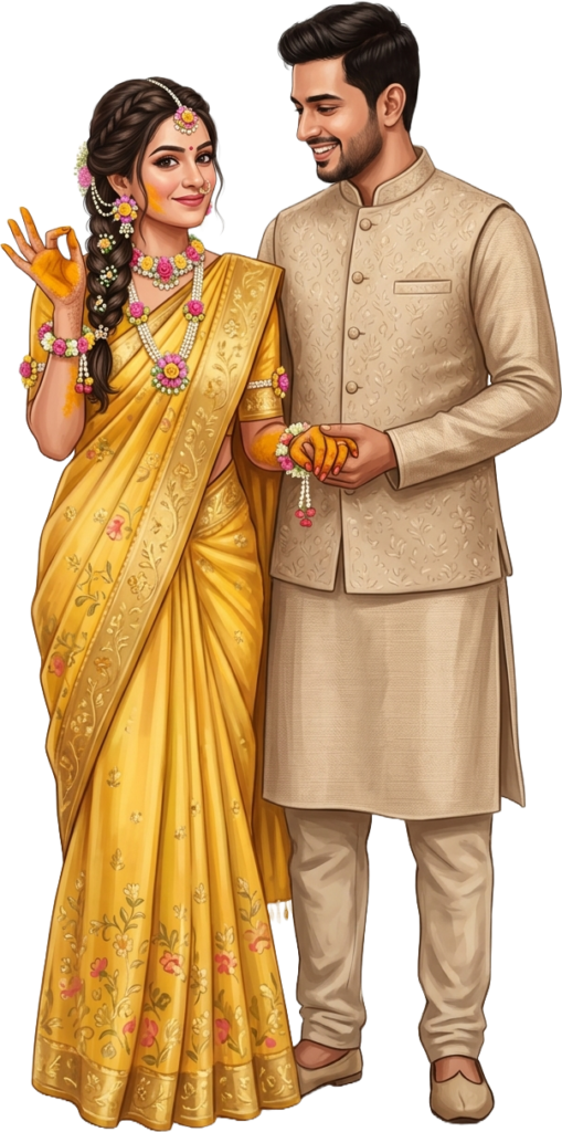 Smiling Indian Wedding Couple Haldi Illustration Caricature PNG 1 - Smiling Indian Wedding Couple Haldi Illustration Caricature PNG Free PNG Download