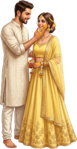 Sweet Indian Couple Haldi Ceremony Illustration Caricature PNG Download