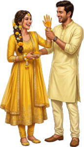 Happy Haldi Ceremony Bride and Groom Illustration Caricature PNG