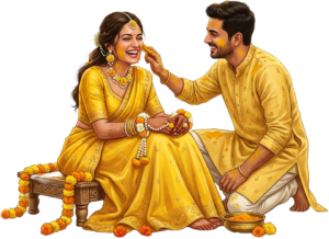 Sitting Indian Wedding Couple Haldi Illustration Caricature PNG Clipart