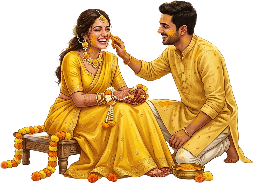 Sitting Indian Wedding Couple Haldi Illustration Caricature PNG Clipart 1 - Sitting Indian Wedding Couple Haldi Illustration Caricature PNG Clipart Free PNG Download