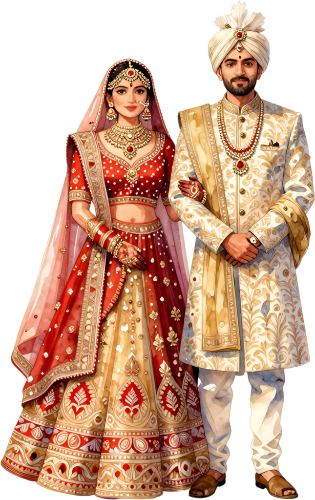 Standing Indian wedding couple, full-figure PNG artwork for elegant ceremonial groom bridal clipart needs 1 Standing Indian wedding couple, full-figure PNG artwork for elegant ceremonial groom bridal clipart needs