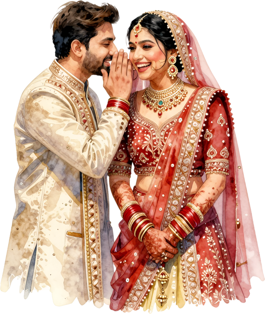 Playful Indian wedding couple sharing secret, vibrant PNG illustration for memorable event groom clip art 1 Playful Indian wedding couple sharing secret, vibrant PNG illustration for memorable event groom clip art