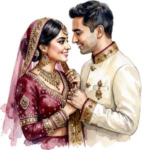 - Celebrate unity with this beautiful Indian Wedding Couple artwork, a charming PNG caricature featuring a bouquet for event designs Free PNG Download