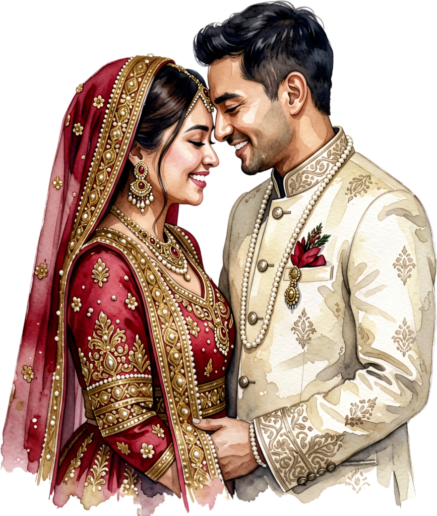 Smiling Indian newlyweds touching foreheads, blissful PNG illustration for joyful wedding groom clip art 1 Smiling Indian newlyweds touching foreheads, blissful PNG illustration for joyful wedding groom clip art