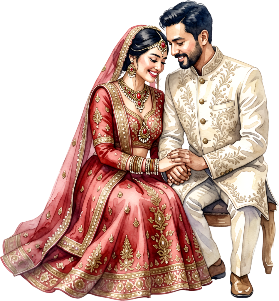 Seated Indian wedding couple, relaxed PNG graphic perfect for intimate ceremony bride groom clip art