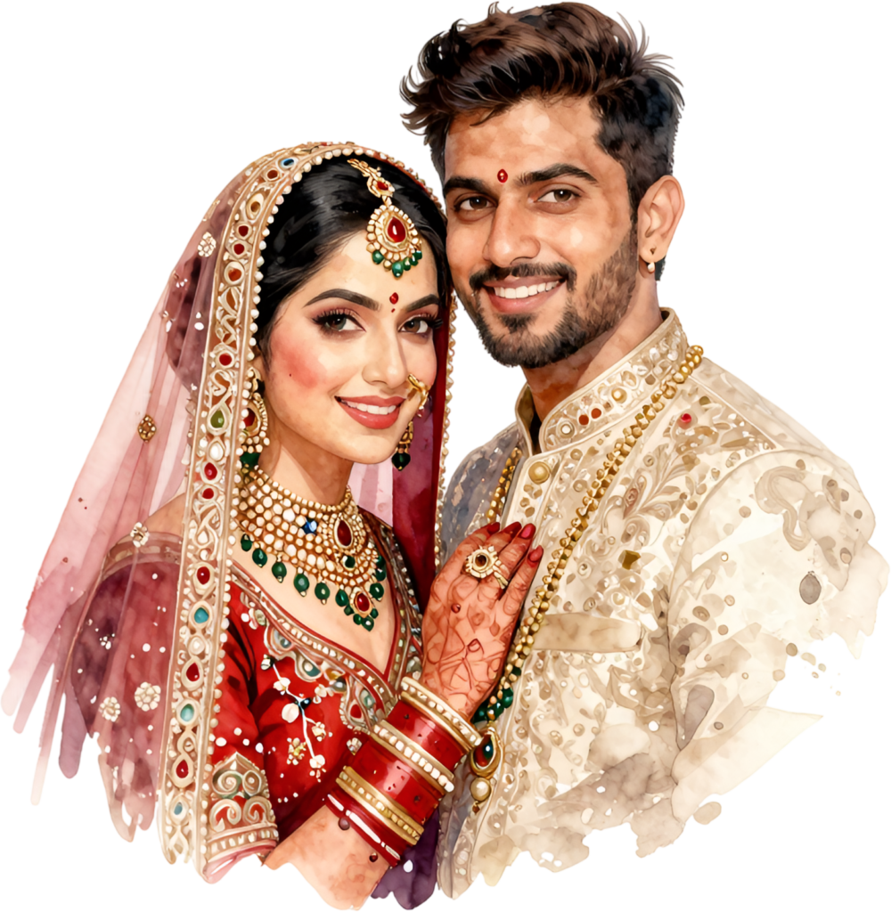 Vibrant Indian bride and groom smiling, colorful PNG design for festive wedding celebration clip art 1 Vibrant Indian bride and groom smiling, colorful PNG design for festive wedding celebration clip art